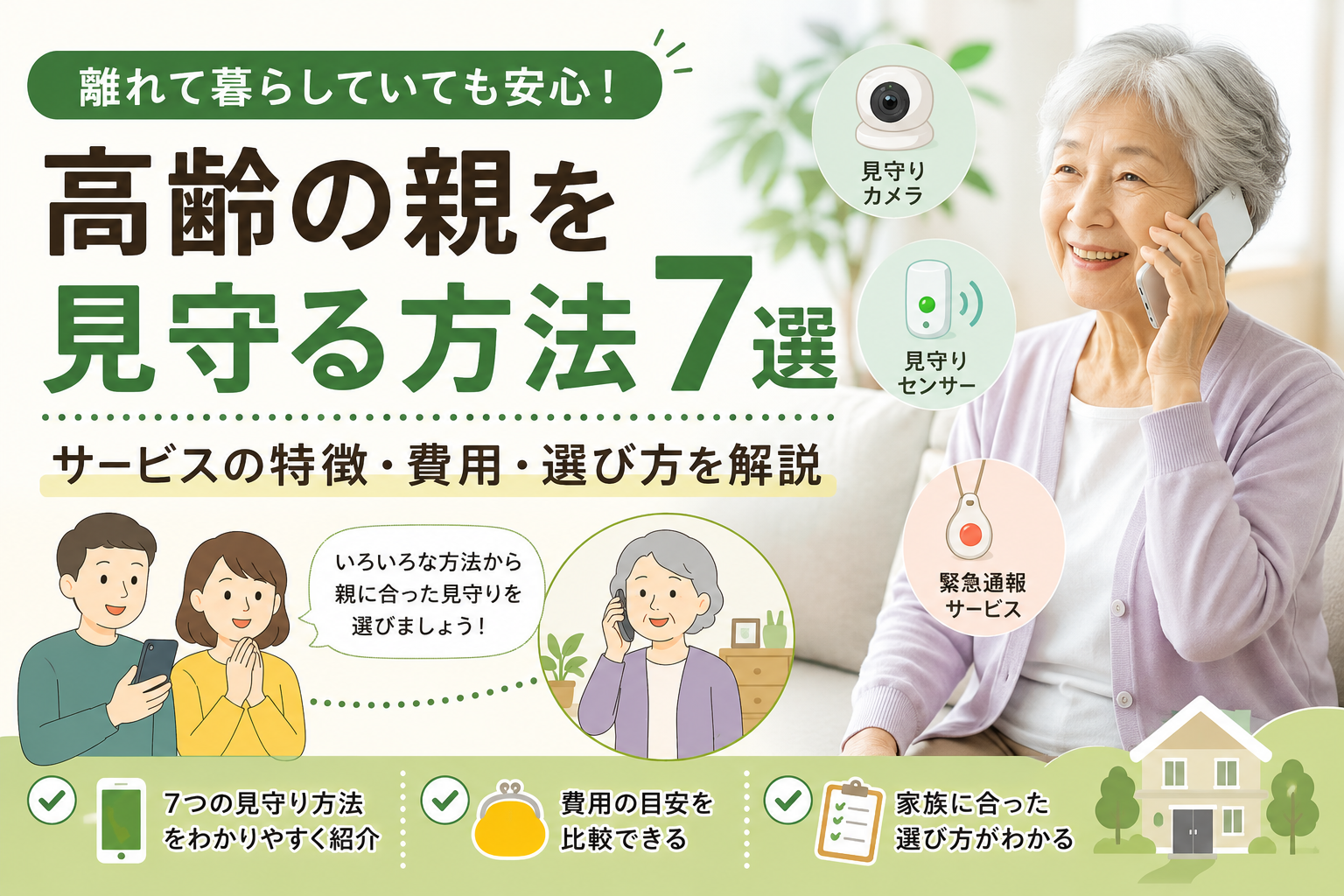 離れて暮らす高齢の親を見守る7つの方法を紹介するアイキャッチ画像。電話、見守りセンサー、緊急通報サービスなどの見守り方法をイメージしています。
