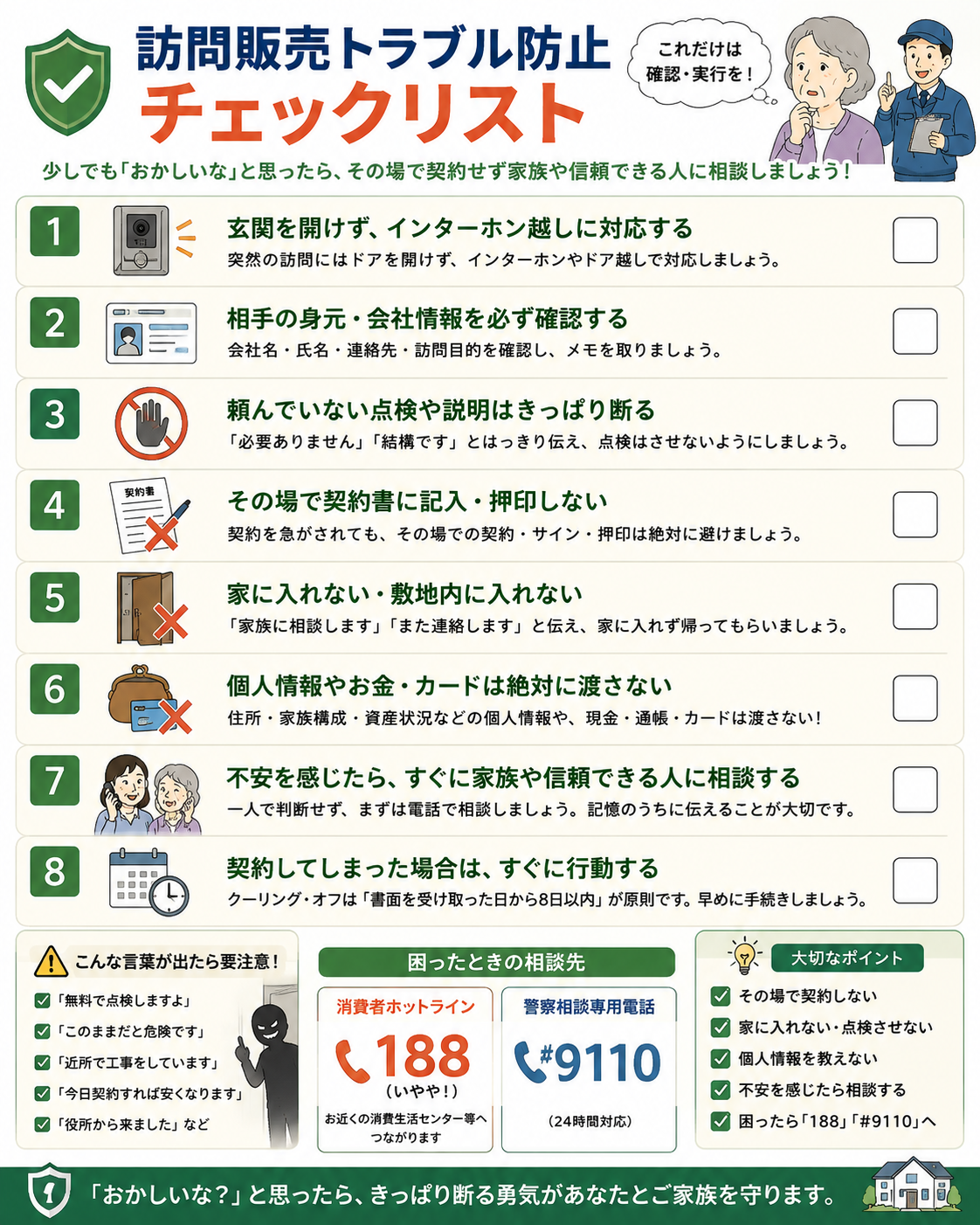 高齢者の訪問販売トラブルを防ぐためのチェックリスト。玄関を開けない、身元確認、点検を断る、その場で契約しない、個人情報やお金を渡さない、家族へ相談するなど8項目を図解。