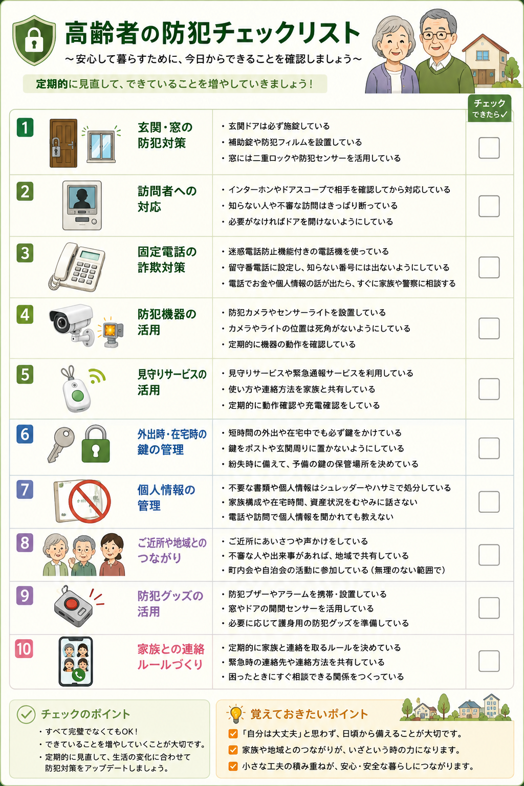 一人暮らし高齢者向けの防犯チェックリスト。玄関や窓の防犯対策、訪問者への対応、固定電話の詐欺対策、防犯機器や見守りサービスの活用、個人情報の管理、家族との連絡ルールなど、安全な暮らしを守るための確認項目を一覧でまとめたチェックリストです。