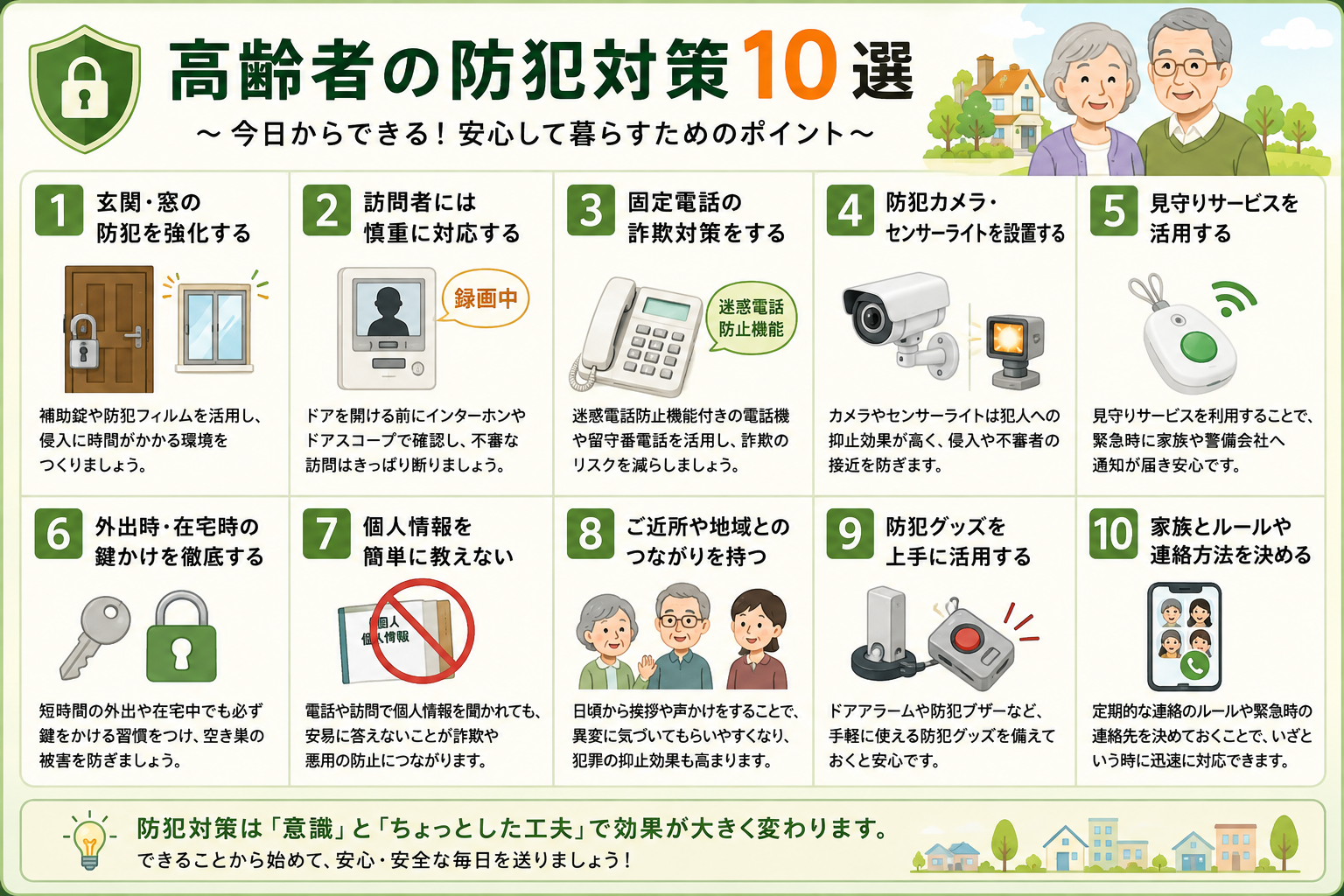 一人暮らし高齢者向けの防犯対策10選をまとめた一覧図。玄関や窓の防犯強化、訪問者への対応、固定電話の詐欺対策、防犯カメラ、見守りサービス、防犯グッズ、家族との連絡ルールなど、安全な暮らしを守るためのポイントを分かりやすく紹介しています。